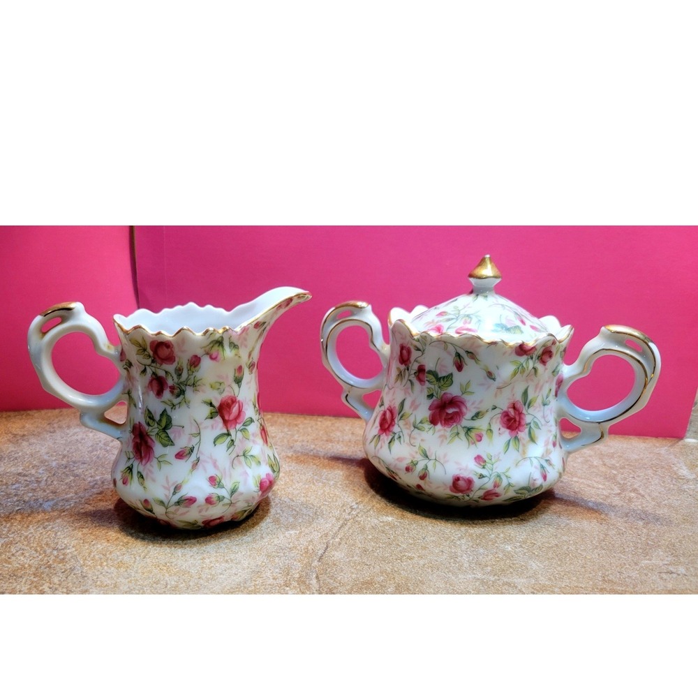 New w/ sticker Lefton Rose Chintz Sugar Bowl & Creamer Pink Floral Gold NE661R